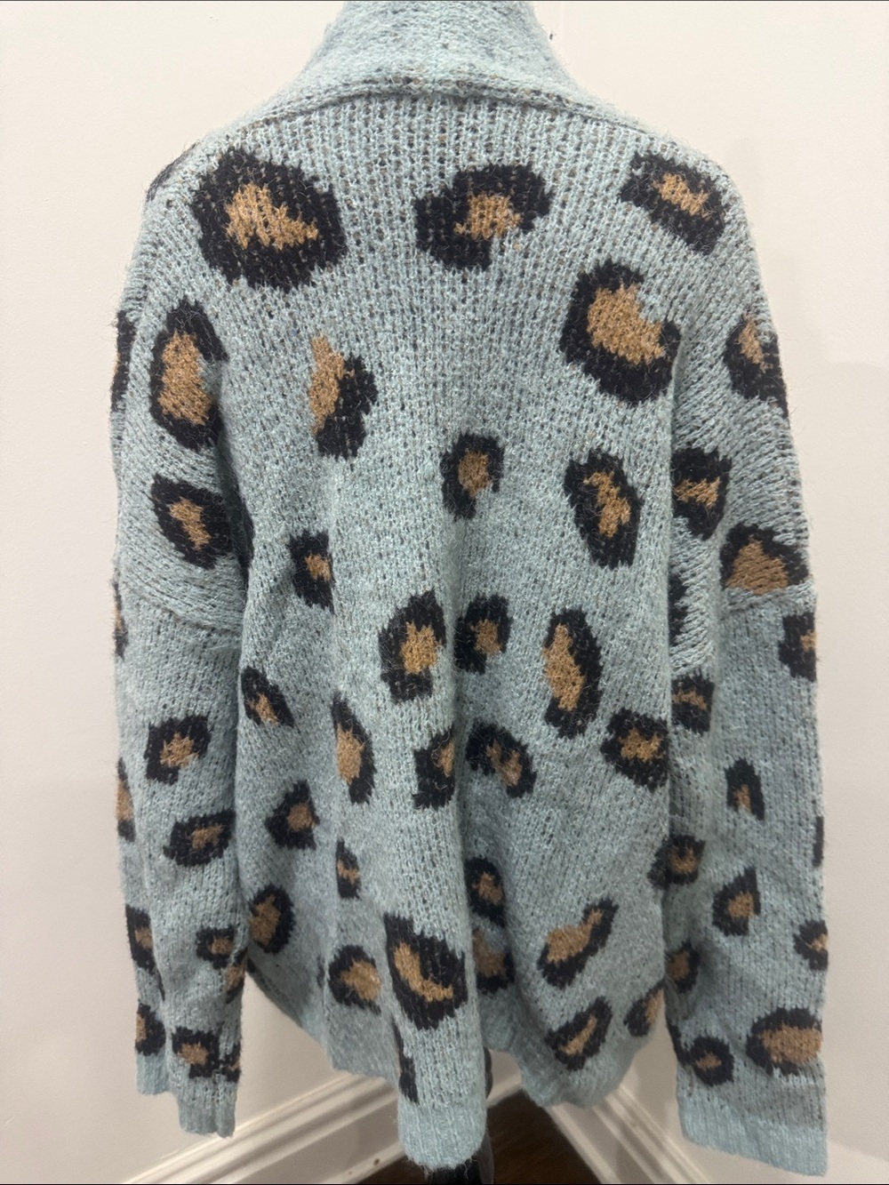 Hem & Thread Angora Blend Blue Green Leopard Print Open Cardigan Sweater S/M - Picture 3 of 8